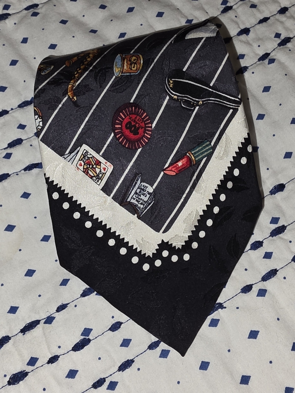 1992 Vintage Nicole Miller "Gangster" Black And White Silk Tie With 1920's Motif